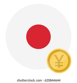 Vector illustration one yen coin currency symbol on Japan flag. Japanese cash money