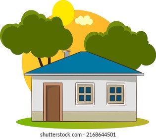 vector illustration of a one-story house with two windows and a garden