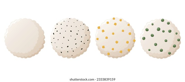 Ilustración vectorial de onigiri con diferentes rellenos. La comida tradicional asiática japonesa. Restaurante, elemento de diseño de café. Cartel, volante.  