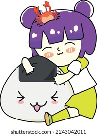 Vector illustration of onigiri and Girl in the form of cartoon characters in a flat style. 