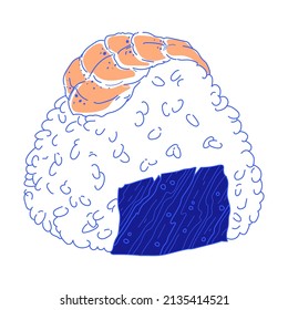 Vector illustration of Onigiri. Japanese fast food made of rice with stuffing, molded in the form of a triangle in nori seaweed.