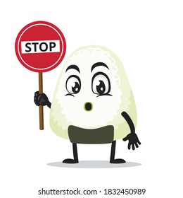 vector illustration of onigiri mascot or character holding sign says stop