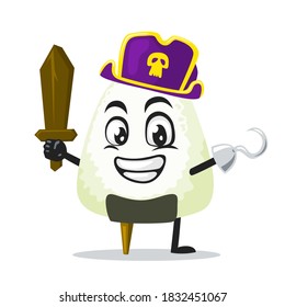 vector illustration of onigiri mascot or character wearing pirates costume and holding wooden sword