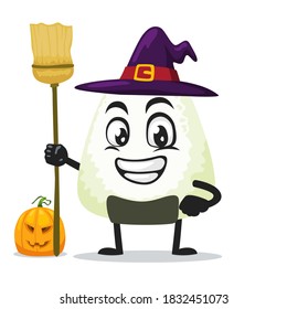 vector illustration of onigiri mascot or character wearing witch costume and holding broom