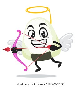 vector illustration of onigiri mascot or character wearing cupid costume and holding a bow