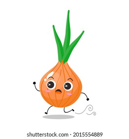 Vector illustration of onion character with cute expression, funny, isolated on white background, herbs, seasoning, vegetable for mascot collection, emoticon, kawaii, panic, run