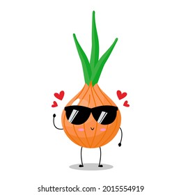 Vector illustration of onion character with cute expression, funny, isolated on white background, herbs, seasoning, vegetable for mascot collection, emoticon, kawaii, lovely sunglasses