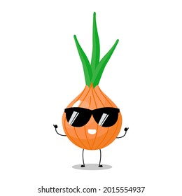 Vector illustration of onion character with cute expression, funny, isolated on white background, herbs, seasoning, vegetable for mascot collection, emoticon, kawaii, thumb up, cool, sunglasses