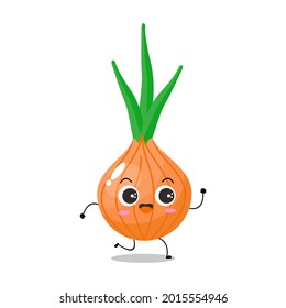 Vector illustration of onion character with cute expression, funny, isolated on white background, herbs, seasoning, vegetable for mascot collection, emoticon, kawaii, happy, run