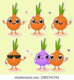 Vector illustration of onion character stickers with various cute expression, cool, funny, set of onion isolated