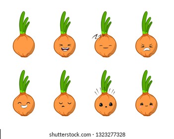 Vector illustration of an onion Cute cartoon vegetable vector character set isolated on white. Emotions. Stickers.