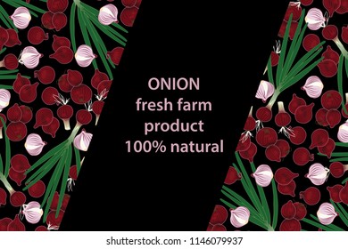 vector illustration of onion and green part design background black and vegetable and text fresh farm product 100% natural EPS10