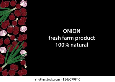 vector illustration of onion and green part design background black and vegetable and text fresh farm product 100% natural EPS10