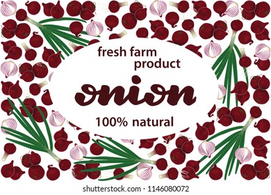 vector illustration of onion and green part design with lettering onion background white and vegetable and text fresh farm product 100% natural EPS10