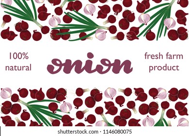 vector illustration of onion and green part design with lettering onion background white and vegetable and text fresh farm product 100% natural EPS10