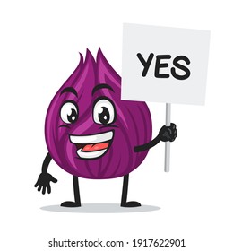 vector illustration of onion mascot or character holding sign says yes