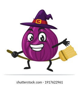 vector illustration of onion mascot or character wearing witch costume and ride flying broom