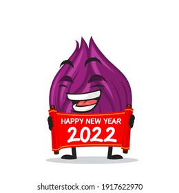 vector illustration of onion mascot or character holding red scroll and say happy new year