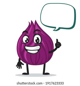 vector illustration of onion mascot or character holding blank red scroll