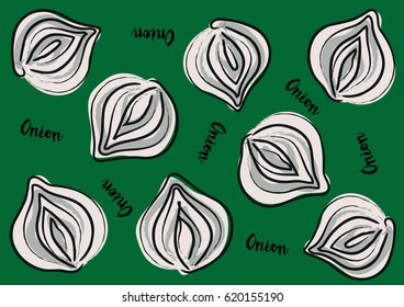 Vector illustration of onion on a green background and calligraphic inscription «Onion»