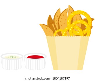 Vector illustration of onion ring and french fries