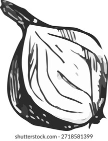 Ilustração vetorial de uma cebola. Uma ilustração estilizada no estilo gráfico de linocut, com contornos em negrito e sombreamento fino em um fundo branco.
