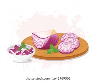 Vector illustration of onions with round pieces and small pieces