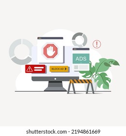 Vector Illustration - Online ad blocker concept. Desktop web page with block symbol. Stop barrier.