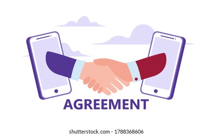 Vektorgrafik der Online-Vereinbarung. Virtual Handshake via Handy, Business Concept, Team Metapher, Flachdesign