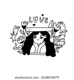 Vector illustration of online application concept for video chat, internet conversation, call technology. Video player window with young woman surrounded by flowers. 
