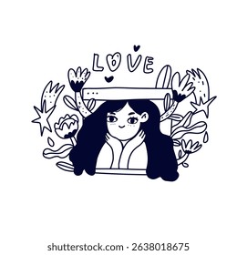 Vector illustration of online application concept for video chat, internet conversation, call technology. Video player window with young woman in love surrounded by flowers. 