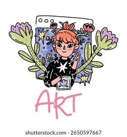 Vector illustration of online application concept for video chat, internet communication, call technology, creativity. Video player window with a girl holding a graphic tablet surrounded by flowers.