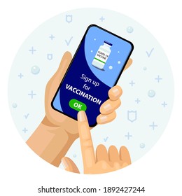 A Vector illustration of the online application for covid-19 vaccination. Caucasian hand holding smartphone with health care mobile app. Person tapping with finger OK-box to sign up for vaccine shot.