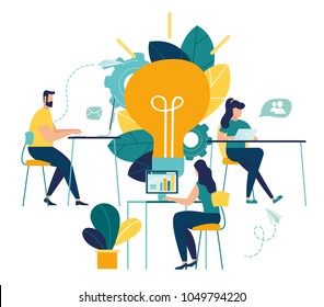 vector illustration, online assistant at work. promotion in the network. manager at remote work, searching for new ideas solutions, working together in the company, brainstorming vector