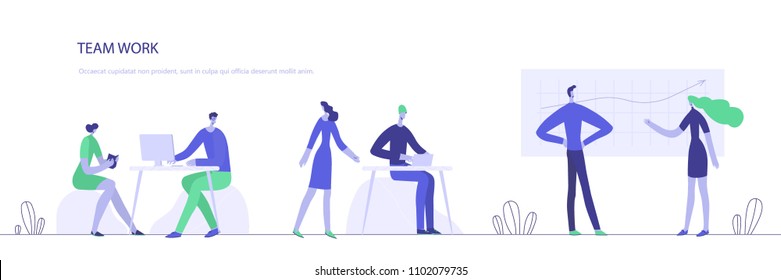 Vector illustration, online assistant at work. Promotion in the network. Manager at remote work, searching for new ideas solutions, working together in the company, brainstorming.