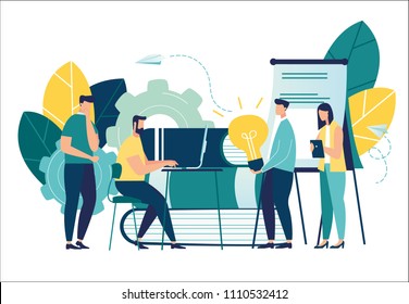 vector illustration, online assistant at work. promotion in the network. manager at remote work, searching for new ideas solutions, working together in the company, brainstorming