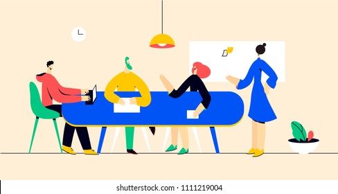 Ilustração vetorial, assistente on-line no trabalho. Promoção na rede. Gerente de trabalho remoto, buscando novas soluções de ideias, trabalhando juntos na empresa, brainstorming.