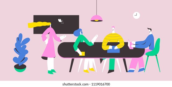 Vector illustration, online assistant at work. Promotion in the network. Manager at remote work, searching for new ideas solutions, working together in the company, brainstorming.