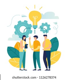 vector illustration, online assistant at work. promotion in the network. manager at remote work, searching for new ideas solutions, working together in the company, brainstorming