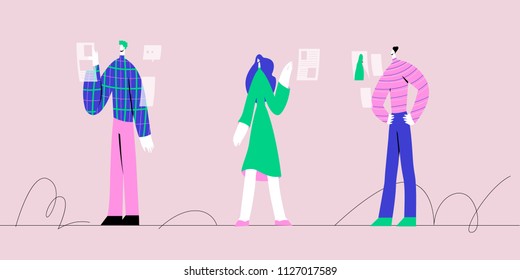 Vector illustration, online assistant at work. Promotion in the network. Manager at remote work, searching for new ideas solutions, working together in the company, brainstorming.