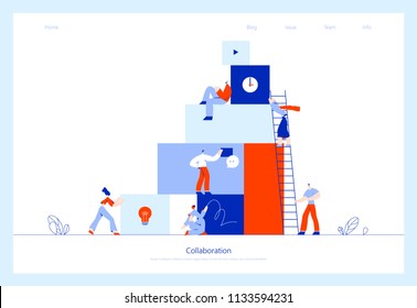 Vector illustration, online assistant at work. Searching for new ideas solutions, working together in the company, brainstorming, collaboration.