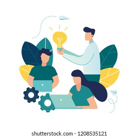 vector illustration, online assistant at work. promotion in the network. manager at remote work, searching for new ideas solutions, working together in the company, brainstorming