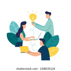 vector illustration, online assistant at work. promotion in the network. manager at remote work, searching for new ideas solutions, working together in the company, brainstorming