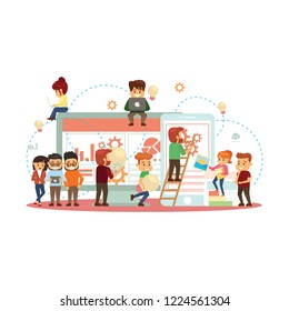 vector illustration, online assistant at work. manager at remote work, searching for new ideas solutions, working together in the company, brainstorming