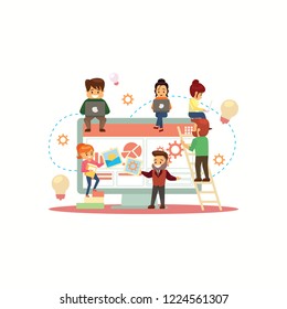 vector illustration, online assistant at work. manager at remote work, searching for new ideas solutions, working together in the company, brainstorming