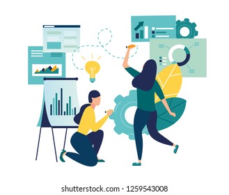 Vector Illustration, Online Assistant At Work. Promotion In The Network. Manager At Remote Work, Searching For New Ideas Solutions, Working Together In The Company, Brainstorming - Vector 