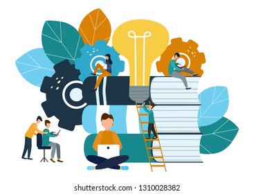Vector illustration, online assistant at work. online promotion. Search for new ideas of solutions, teamwork in a company, brainstorming.