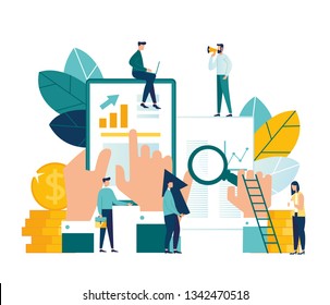 Vector Illustration, Online Assistant At Work. Promotion In The Network. Manager At Remote Work, Searching For New Ideas Solutions, Working Together In The Company, Brainstorming