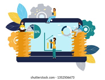 Vector illustration, online assistant at work. online promotion. remote work manager, search for new ideas, teamwork in the company.