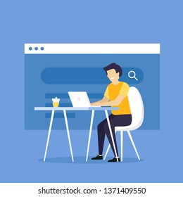 vector illustration, online assistant at work. promotion in the network. manager at remote work, searching for new ideas solutions, working  in the company.